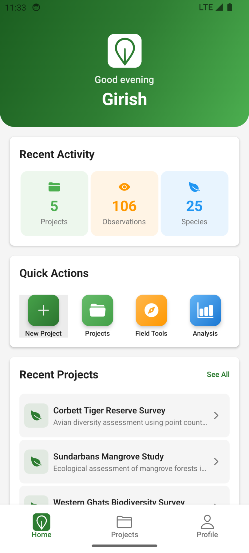 FieldEco Home Screen